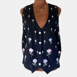 Vintage Vest Womens Petite L Floral Embroidered‎ Cotton Classic Cottagecore